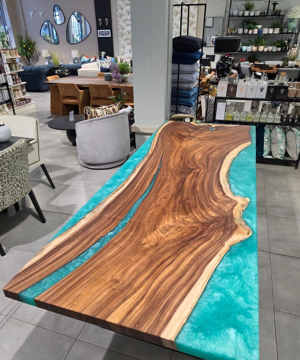 Lagoon — Turquoise resin poured shallow, so light passes through the river.
