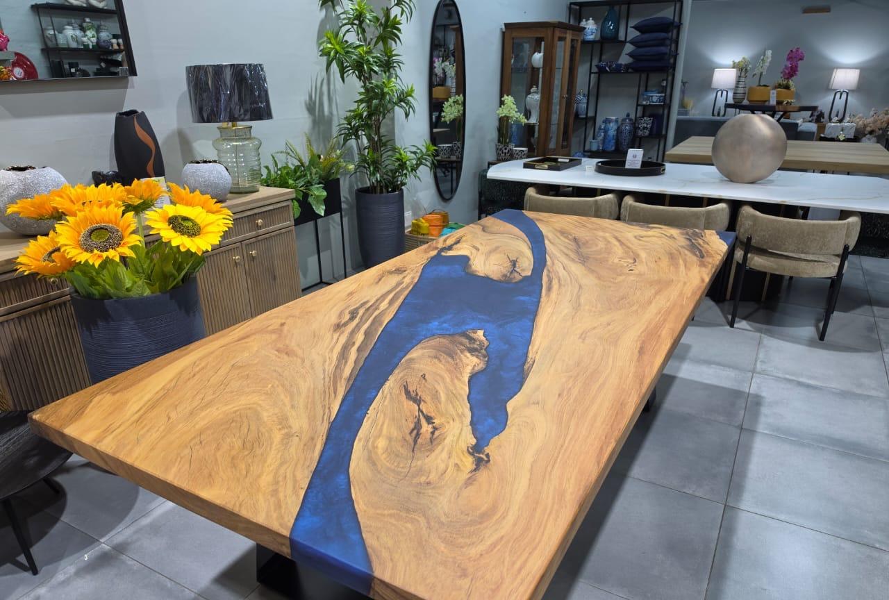 Azure River — A single book-matched slab split by a deep cobalt resin river.